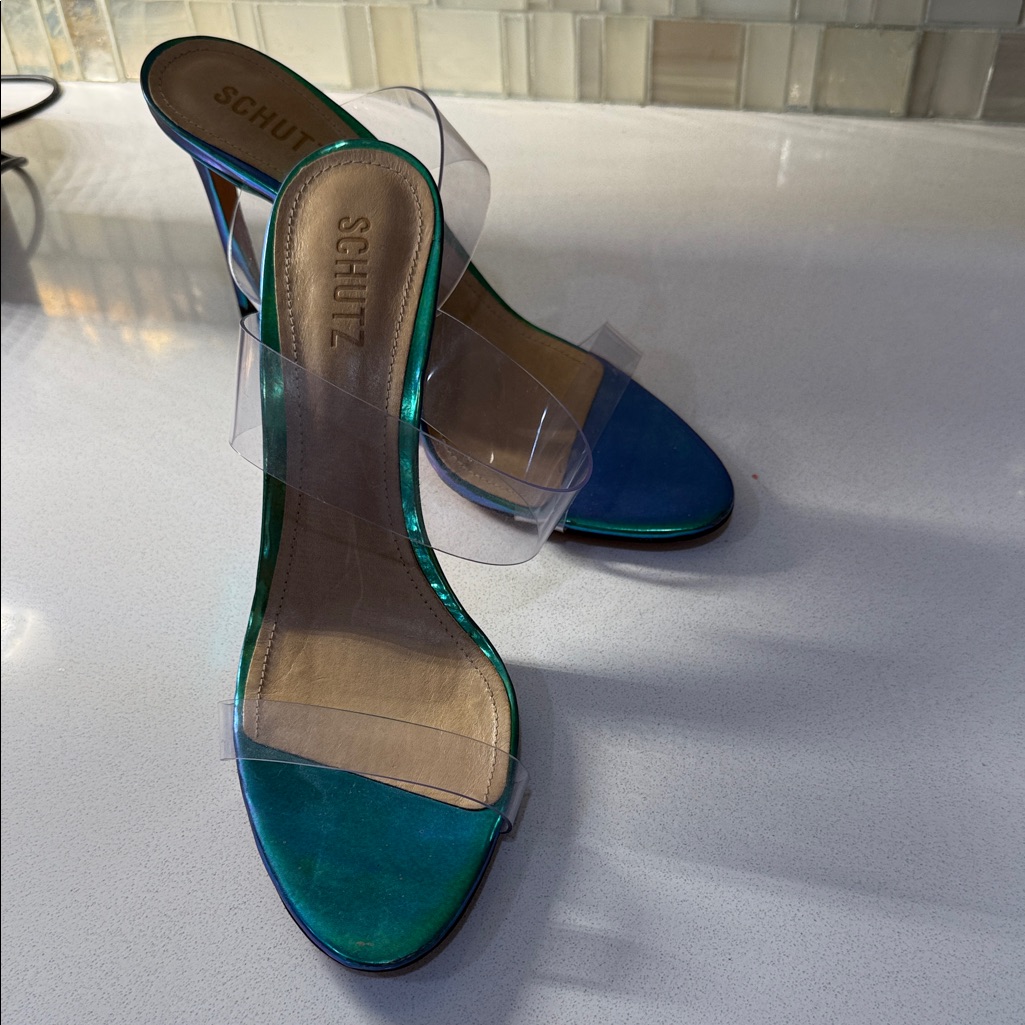 Schutz Iridescent Blue Heels With Clear Straps